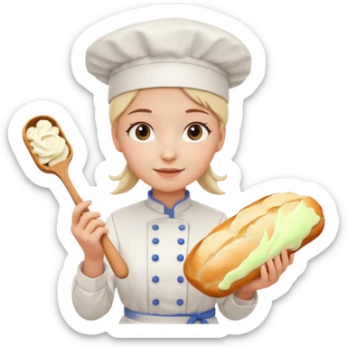 Young female baker - white chef hat, holding cream piping bag to milk oil on bread sticker