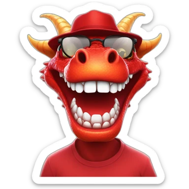Crazy funny red dragon head with human white teeth and beautiful smile wearing glasses and hat sticker