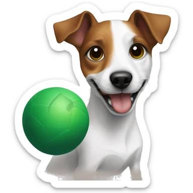 Jack Russell dog with brown eyes holds a green ball in his teeth sticker
