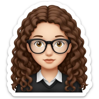 white teen girl with long brown curls, hazel eyes, and black frame glasses sticker
