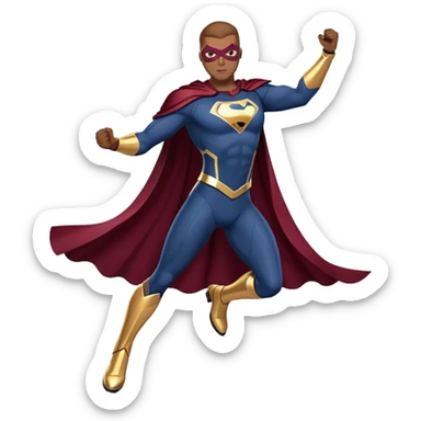 superhero in dark blue and maroon bodysuit with gold accents, digital cape, maroon boots, dynamic pose sticker