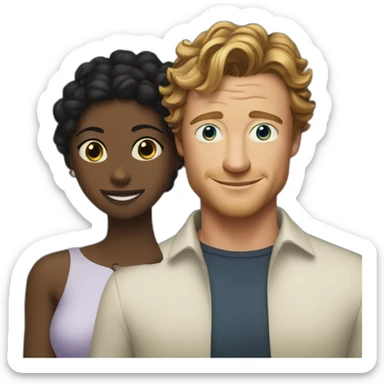 Simon Baker with blue eyes hug a black girl brown eyes and sblack hair in a bun sticker