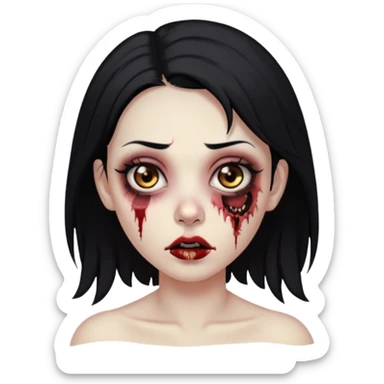 Make an emoji of a zombie woman with black hair, almond-shaped brown eyes and a labret piercing on her left lip. sticker