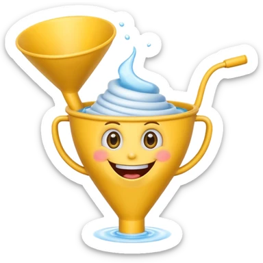 Crazy laughing emoji with an upside-down kitchen funnel on its head (not a hat), wide smile, big eyes, cartoon emoji style, bright colors. sticker
