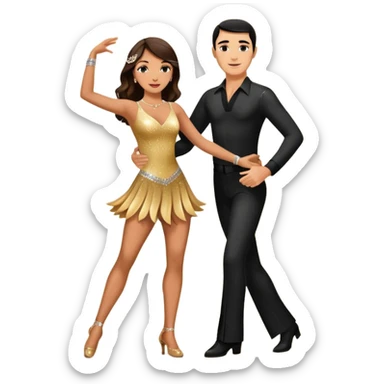 Photorealistic dancesport professional latin couple dancing the samba at the competition dancefloor, the women is in skinny sparkly dress, , the women has brown long hair, the man has short black hair, the man hold woman's hand by his one hand and his second hand is on the women's waist  sticker