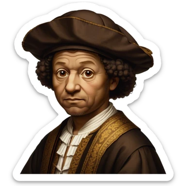 Cinematic Realistic portrait of Rembrandt, shown as a master artist with deep, introspective eyes and richly detailed period clothing, rendered with dramatic chiaroscuro lighting that emphasizes his legacy sticker