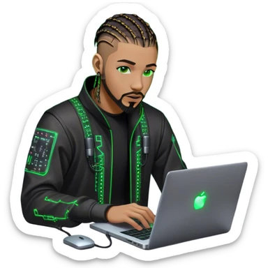 Light skinned African American male with green eyes as a cyberpunk hacker with cornrows hairstyle but short cornrows  with goatee facial hair  no beard hacking/coding on laptop  sticker
