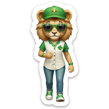 friendly anthropomorphised female lion wearing green and white baseball shirt, jeans, festive St. Patrick's Day accessories, dark sunglasses, walking upright with confident stride sticker