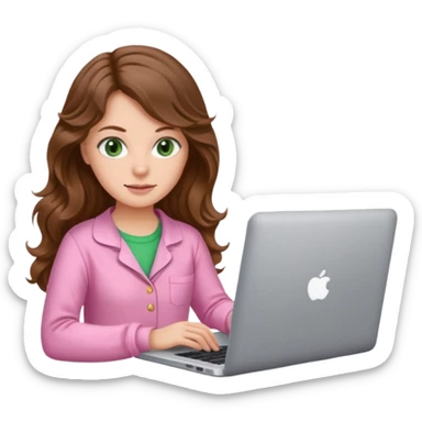 make a picture in ios 18 style of a white girl with brown long wavy hair and green eyes wearing pink pajamas and working on a laptop sticker