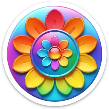 A round psychedelic colored button with bezeled edges and a rainbow colored 3D flower in the center sticker