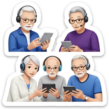 Please make it again in the style you just sent me. All devices should be Galaxy.
1. MZ users using headsets and watching youtube
2. A person holding a tablet in one hand and a smartphone in the other
3. Senior who enjoys looking at his cell phone
4. Creators working hard with Galaxy Tab + keyboard  sticker