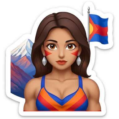 sexy and muscled, full body, brown skin Armenian caucasian girl, sexy Armenian girl, beautiful eyes, makeup, earrings, muscled, surrounded by mountains, Flag of Armenia - red, blue and orange stripes sticker