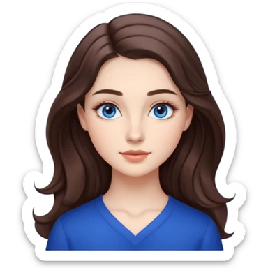Realistic Student Portrait, with porcelain-like skin featuring a natural rosy flush, illuminated by soft lighting that highlights the gentle contours of her face. Her Brunette hair flows in soft, Her deep blue eyes radiate warmth and innocence, framed by arched brows and long lashes. sticker