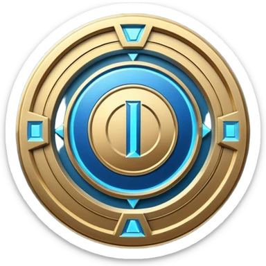 Futuristic anniversary medal badge, circular emblem with embossed Roman numeral I, metallic gold finish with electric blue glow accents, subtle outer energy ring, sci-fi web3 game UI style, polished 3D game asset, dark background, centered composition, high detail sticker