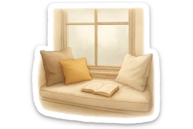 cozy window seat with cushions and a book, peaceful sticker