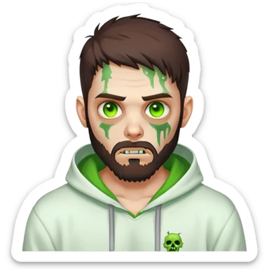 zombie making peace sign, undercut hairstyle with dark brown hair, short full beard, glowing green eyes, wearing plain white hoodie sticker