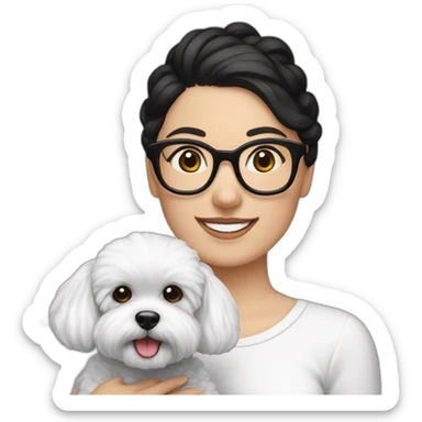 woman-white skin-black hair-bun-with glasses-with bichon dog-white-smile-Christmas sticker