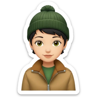 tan skin, non binary adult with pixie cut black hair, wearing brown jacket and dark green beanie, shy smile  sticker
