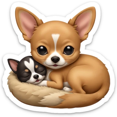 A high-resolution photo-realistic digital illustration of a cute black and tan chihuahua with big eyes closed sleeping lazily. sticker