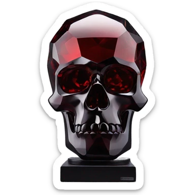 glass sculpture skyll with a geometric, faceted design. The skull is standing upright on a base with angular and baroque features. The vibrant dark shade and red highlights the sharp edges and planes sticker