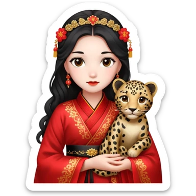 A beautiful girl in red Hanfu wedding dress is holding a black leopard sticker