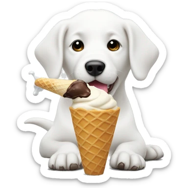 A white dog, licking up ice cream off the cement after a woman just dropped her ice cream cone sticker