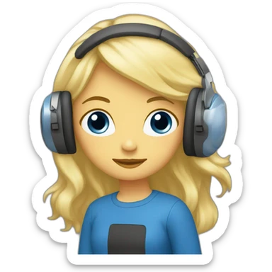 Femme aux yeux bleus, cheveux longs et blonds, avec un casque musique sticker
