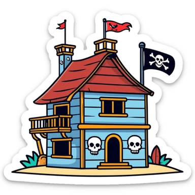 old pirate's house with skull flag sticker