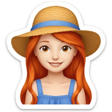girl_wearing_summer_hat, red orrange long hair, blue dress sticker