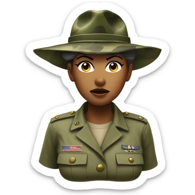 a female drill sergeant character wearing a classic sergeant hat and a camouflage army shirt. The character should have an angry intense expression. full torso sticker
