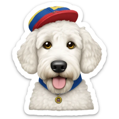 White Goldendoodle with a Colombia Jersey sticker