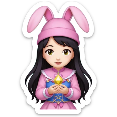 pixel art chibi asian girl with dark long hair in pink bunny ears hat magical girl with kawaii tarot cards thrown in air pixel emoji sticker