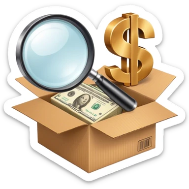 Magnifying glass searching for a cardboard box with a dollar sign, representing finding profitable suppliers. sticker