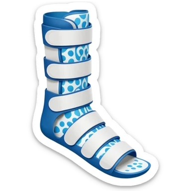 A orthopedic ankle-foot orthosis (AFO) for a small child. The brace goes just below the knee and its with a bright blue water-like pattern. It has white velcro straps across the foot and ankleand a spiral side design. sticker