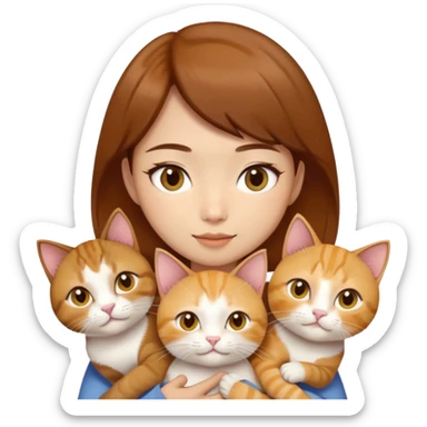 Asian girl, brown hair, brown eyes skin tone almond holding three cats one ginger, one yellow white one British short hair cream colour sticker