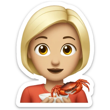 A white woman with short black hair getting ready to eat a crab. sticker