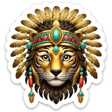 Aztec tiger warrior with elaborate feathered headdress sticker