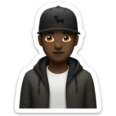 a sightly dark skinned boy with a low taper fade and black hair and a black cap and a goat beard and a brown roll in mouth sticker