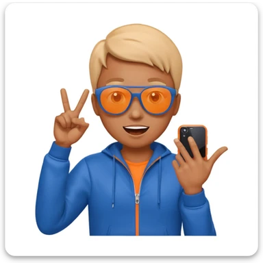 cool emoji-style character wearing sunglasses and a blue tracksuit, making a phone gesture with one hand, surprised or excited expression, orange smoky background sticker