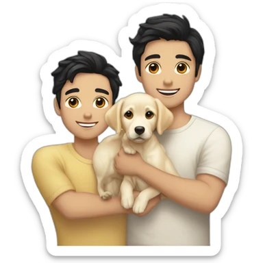 gay-couple,-1-guy-straight-blackhair australian-and-1-australian-white-guy-with-blackhair-slightly-curly-holding one light yellow labrador retriever puppy one labrador retriever puppy sticker