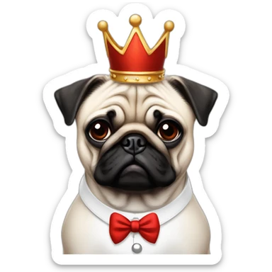 A dog (pug) with a crown in a white suit and a red bow an black baces sticker