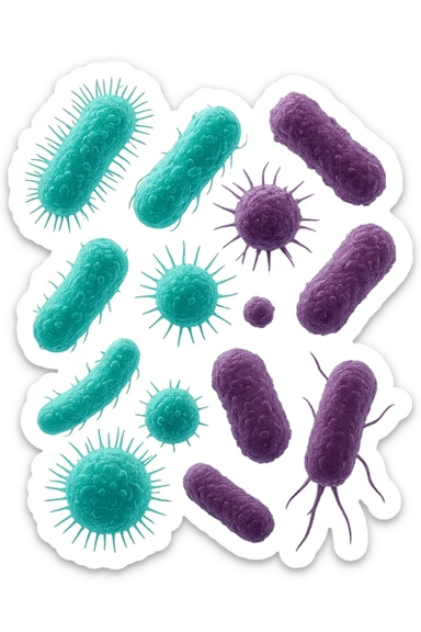 5 BATTERI BUONI E 5 BATTERI CATTIVI FLUTTUANO IN ARIA, I BATTERI BUONI FALLI TURCHESI, I BATTERI CATTIVI FALLI VIOLA, IPERREALISTICO 4K, NON DISEGNATO sticker