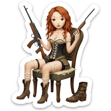 realistic cinematic Tori Amos sits on a rocking chair in a torn corset, holding an antique rifle and her bare feet are muddy. A white snake is wrapped around the chair. sticker