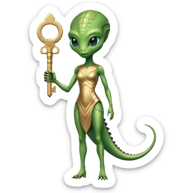 a reptilian alien woman full body, in gold dress, hold big key sticker