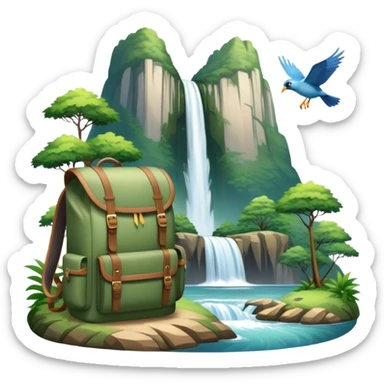 Icon for Ecotourism: lightweight hiking backpack and a scenic landscape with lush green forests, a waterfall, and wildlife, such as birds or animals in background. Transparent background. sticker