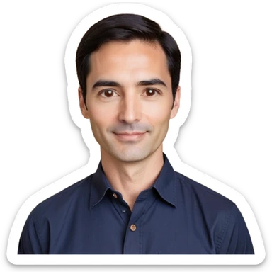 Man in his 40s with wide square face, marked jawline, full cheeks, friendly expression, medium dark brown eyes, thick natural eyebrows, straight wide nose, medium lips curved slightly upward in a relaxed smile, short neat dark brown almost black hair, wearing a navy blue button-up shirt sticker