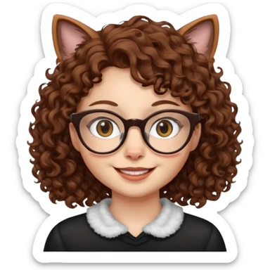 character with brown curly hair, doe eyes, white skin, cat eye glasses, smiling sticker