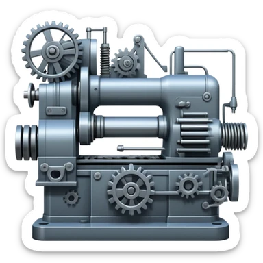 An icon featuring a giant machine tool in a factory workshop, symbolizing mechanical engineering. The design includes gears, levers, and mechanical components, representing the design and manufacturing of machinery. Transparent background highlights the precision sticker