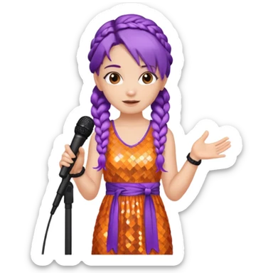 girl in orange blink dress, purple braided hair, holding a mic



















 sticker
