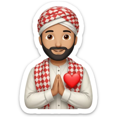Middle Eastern man showing gratitude, friendly smile, trimmed beard, wearing white thobe and red-and-white checkered keffiyeh with black agal, hands crossed over chest, small red heart above head, soft beige background, clean and minimal flat digital style sticker